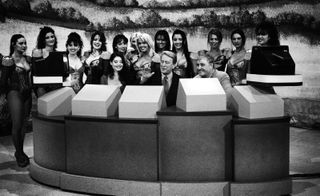 black and white images of people on a television set