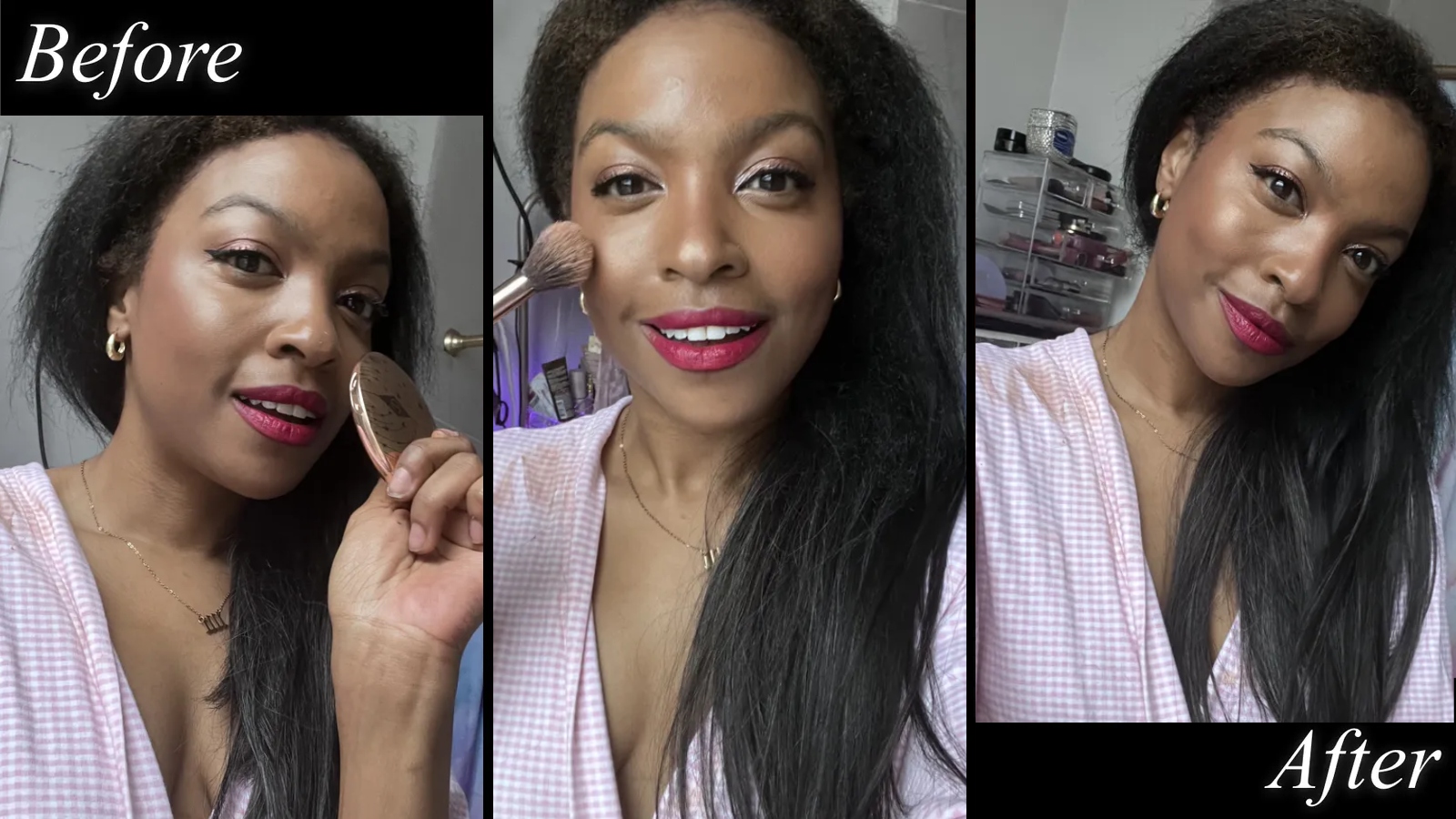 Amanda Mitchell wearing Charlotte Tilbury Glow Glide Face Architect Highlighter in Champagne Glow