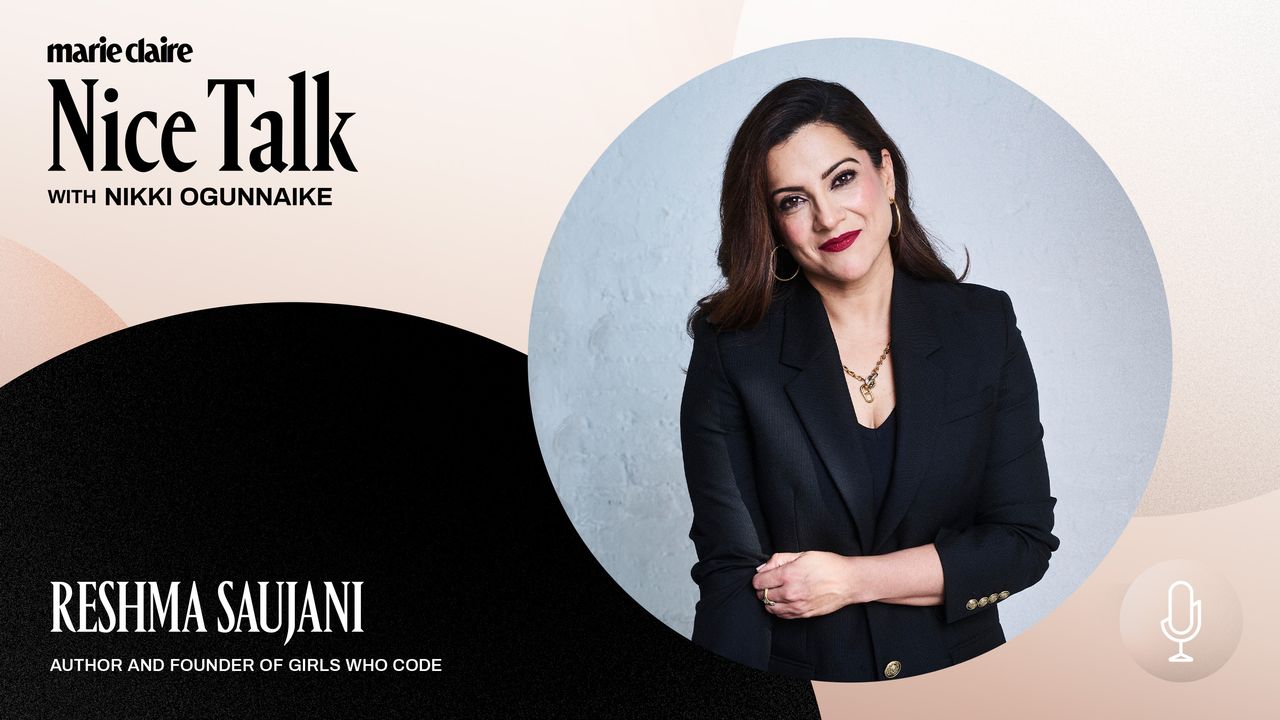 reshma saujani poses in a black blazer and smiles with mention of her appearance on the nice talk podcast