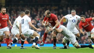 CARDIFF, WALES - FEBRUARY 23: Wales' Alun Wyn Jones is tackled by Englands George Kruis during the Guinness Six Nations match between Wales and England at Principality Stadium on February 23, 2019 in Cardiff, Wales.