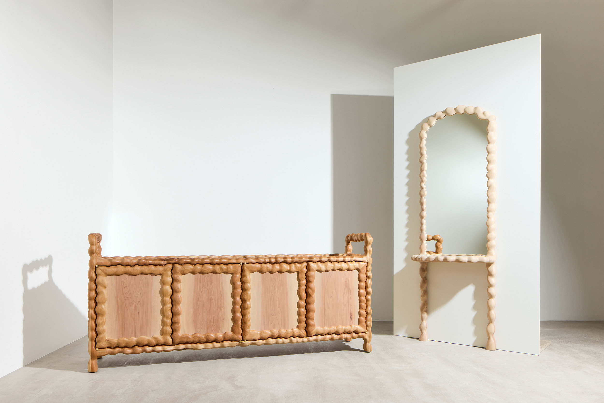 knobbly wooden sideboard and mirror