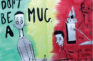 Drawing by Toby Hawksley of various characters on background of several colours.