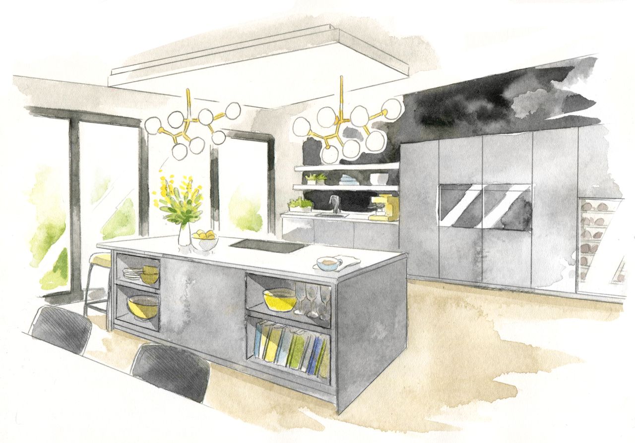 Britain&#039;s dream home: sketch showing modern grey kitchen with island, bifold doors and yellow or brass accessories and light fittings