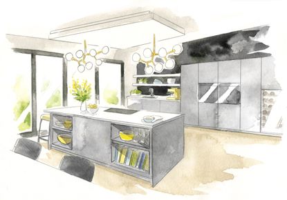 Britain's dream home: sketch showing modern grey kitchen with island, bifold doors and yellow or brass accessories and light fittings