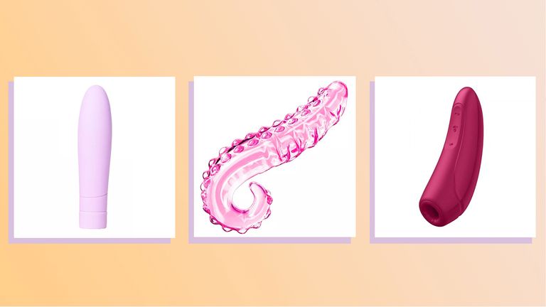three of the best sex toys round up image, 3 sex toys photographed flat and collaged onto a peach background