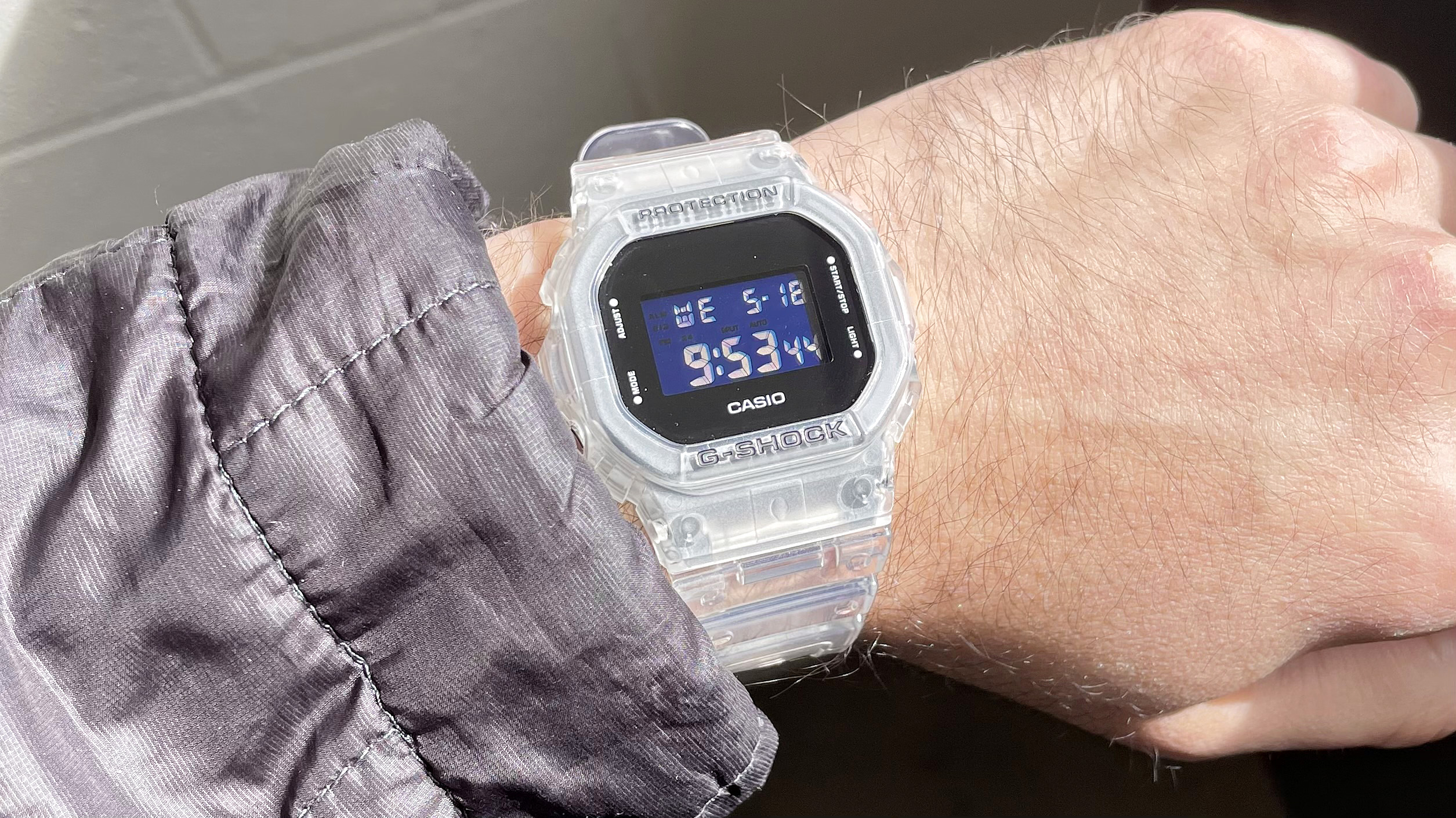 Close-up of a Casio G-Shock 'dumb' watch on writer, Dan Bracaglia's wrist