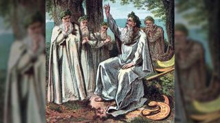 Illustration of the Druids of Ole England. In a forest, one druid is sitting down and looks like he's telling a story, whilst four other druids stand around him.