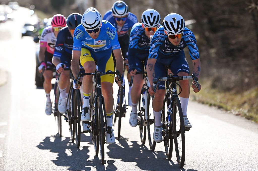 BESSEGES FRANCE FEBRUARY 03 LR Vito Braet of Belgium and Team Flanders Baloise Blue Mountain Jersey and Paul Hennequin of France and Team Nice Metropole Cote dAzur compete in the breakaway during the 53rd Etoile de Besseges Tour Du Gard 2023 Stage 3 a 16971km stage from Bessges to Bessges EDB2021 on February 03 2023 in Besseges France Photo by Luc ClaessenGetty Images