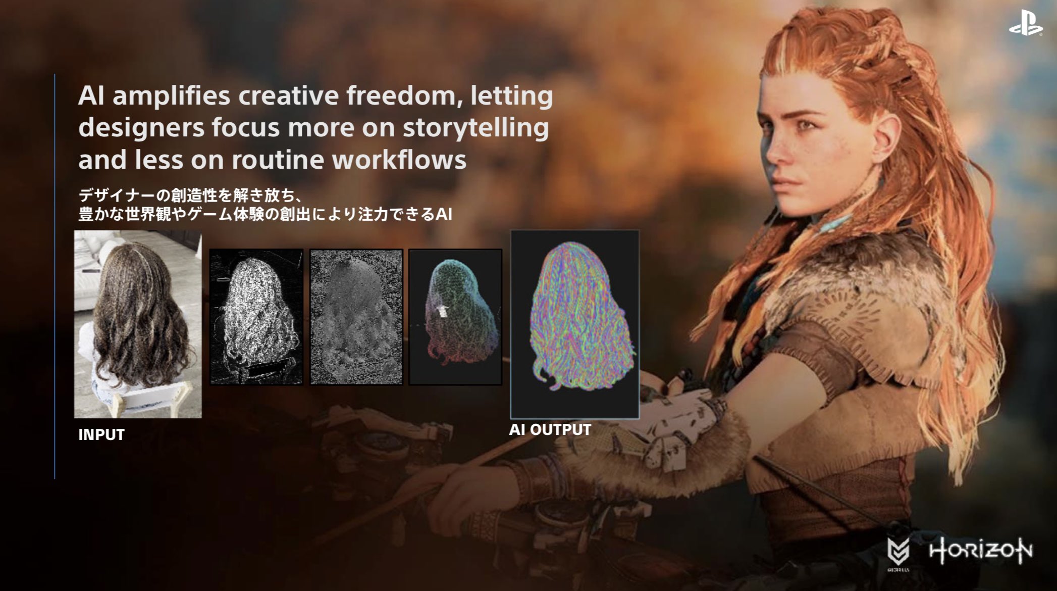 Presentation slide showing Sony PlayStation AI use on Horizon game