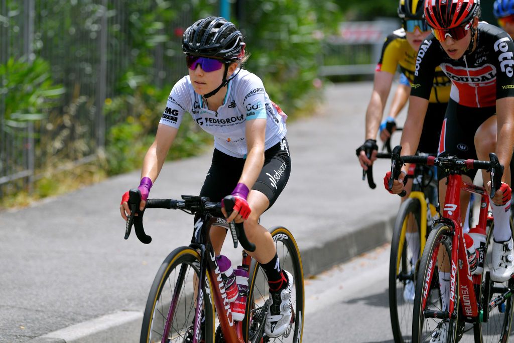 PUEGNAGO DEL GARDA ITALY JULY 08 Niamh FisherBlack of New Zealand and Team SD Worx White Best Young Rider Jersey during the 32nd Giro dItalia Internazionale Femminile 2021 Stage 7 a 1096km stage from Soprazocco di Gavardo to Puegnago Del Garda 219m GiroDonne UCIWWT on July 08 2021 in Puegnago del Garda Italy Photo by Luc ClaessenGetty Images