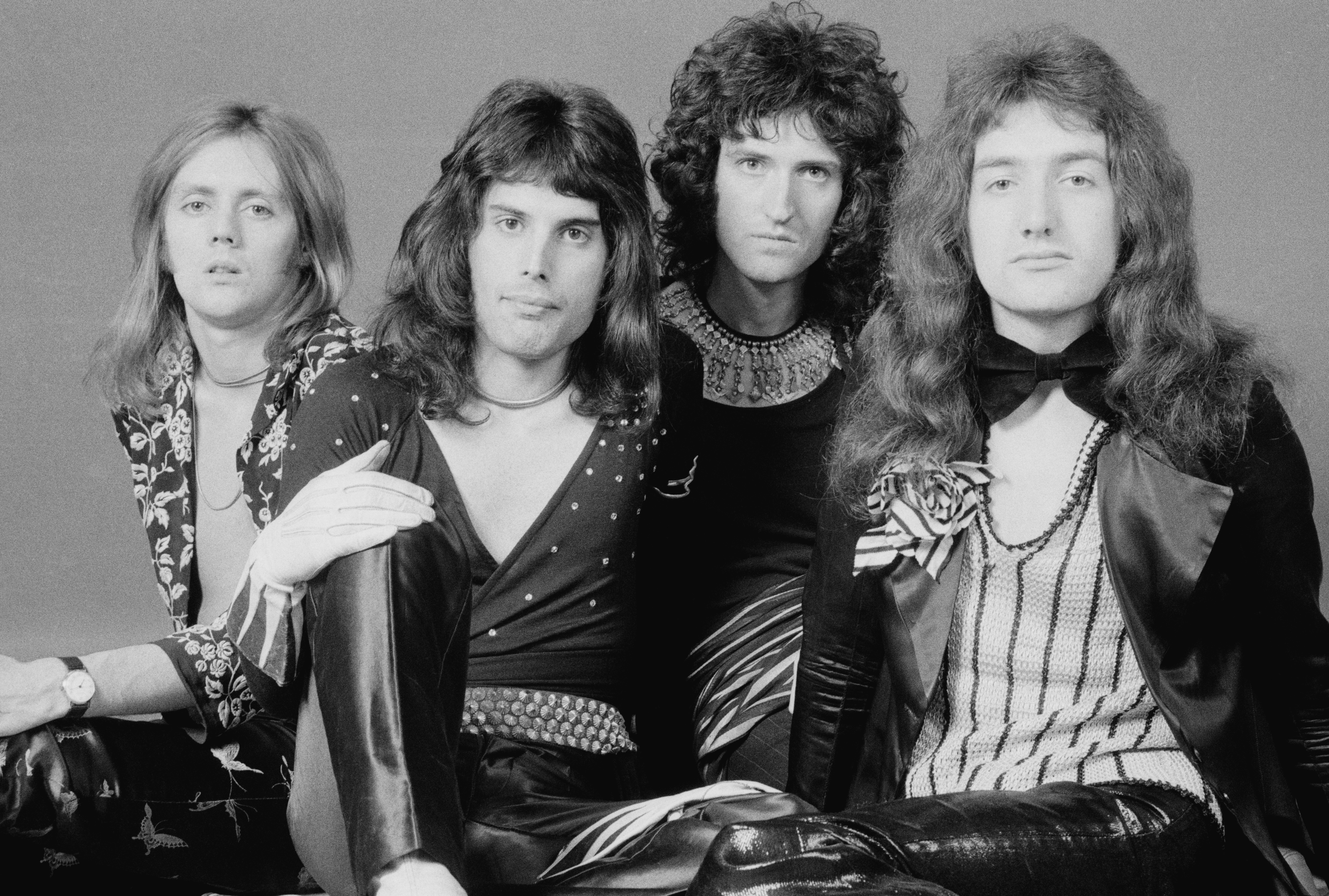 British rock band Queen, London, 1973. Left to right: drummer Roger Taylor, singer Freddie Mercury (1946 - 1991), guitarist Brian May, and bassist John Deacon.