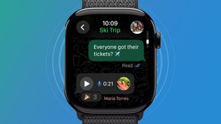 An Apple Watch on a green and blue background showing the WhatsApp app