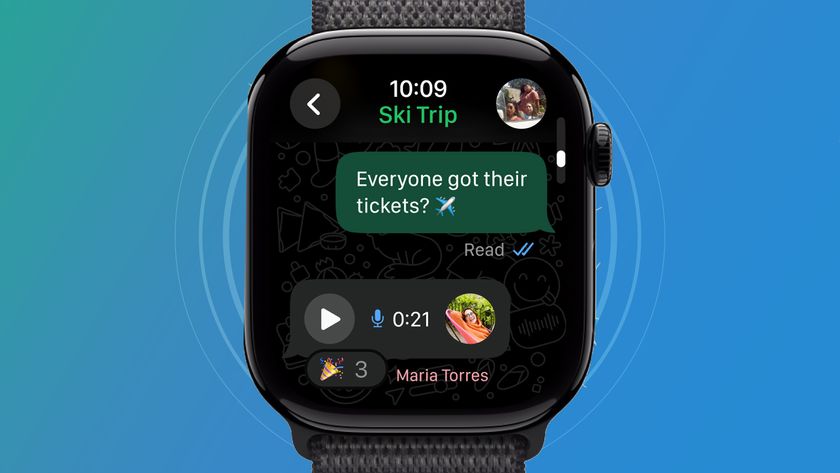 An Apple Watch on a green and blue background showing the WhatsApp app
