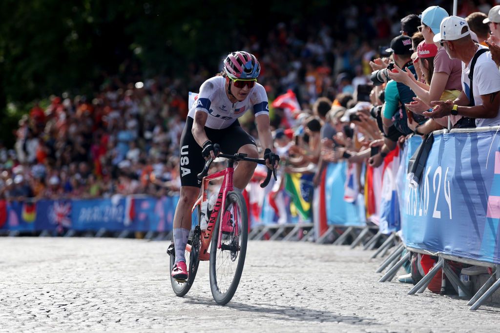 PARIS FRANCE AUGUST 04 Chloe Dygert of Team United States competes during the Womens Road Race on day nine of the Olympic Games Paris 2024 at Trocadero on August 04 2024 in Paris France Photo by Jared C TiltonGetty Images