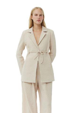 Beige Textured Suiting Tie String Blazer