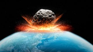 Planetary defense is designed to monitor and protect Earth from asteroids like this on in the image. This graphic illustration of a large asteroid crashing into Earth and throwing up a large plume of debris. 