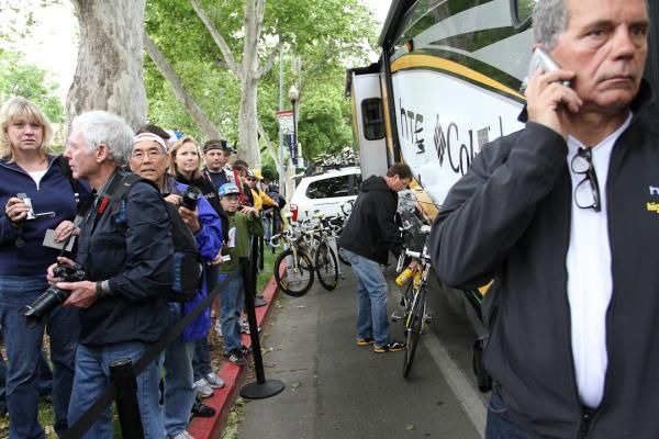 With less than 15 minutes to start of race, waiting at the bus for riders to appear is the same for spectators and staff.