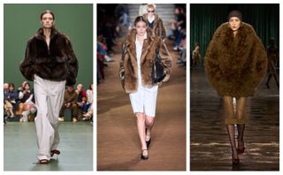 Fall 2024 runways faux fur trend Loewe, Miu Miu, Saint Laurent