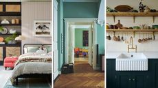 Trio of home interiors. Left is bedroom with black metal bed frame and layered neutral bedding, striped feature wallpaper and black and wicker shelves. Middle is green entryway with chevron wood floors, and right is white fluted butler sink undermounted in blue cabinets with brass faucet and open shelving with copper pans hanging