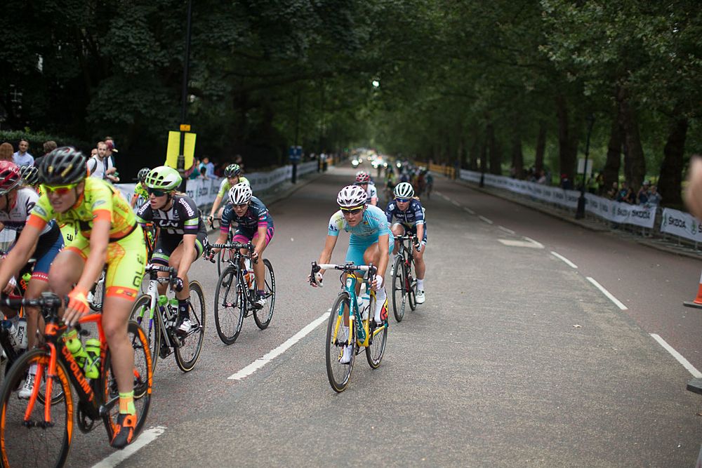 The riders reaches the end of Birdcage Walk during the Prudential RideLondon Classique