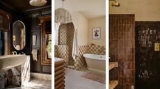 A collage of three brown bathrooms