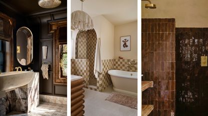 A collage of three brown bathrooms