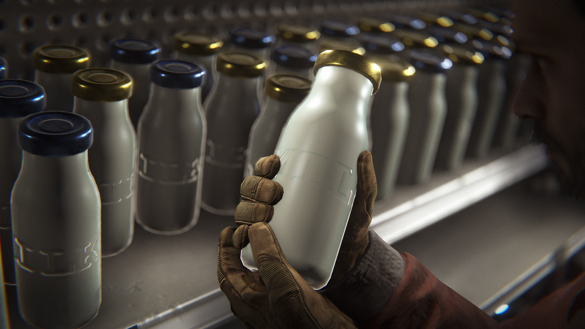 A bottle of milk being held by gloved hands in front of many other bottles of milk. The milk looks pretty nice