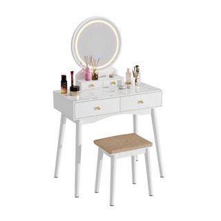 White vanity set with stool and mirror
