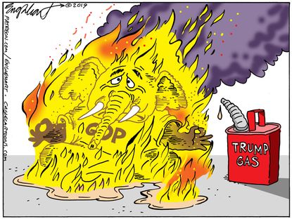 Political Cartoon U.S. GOP Self Immolation Trump Gas