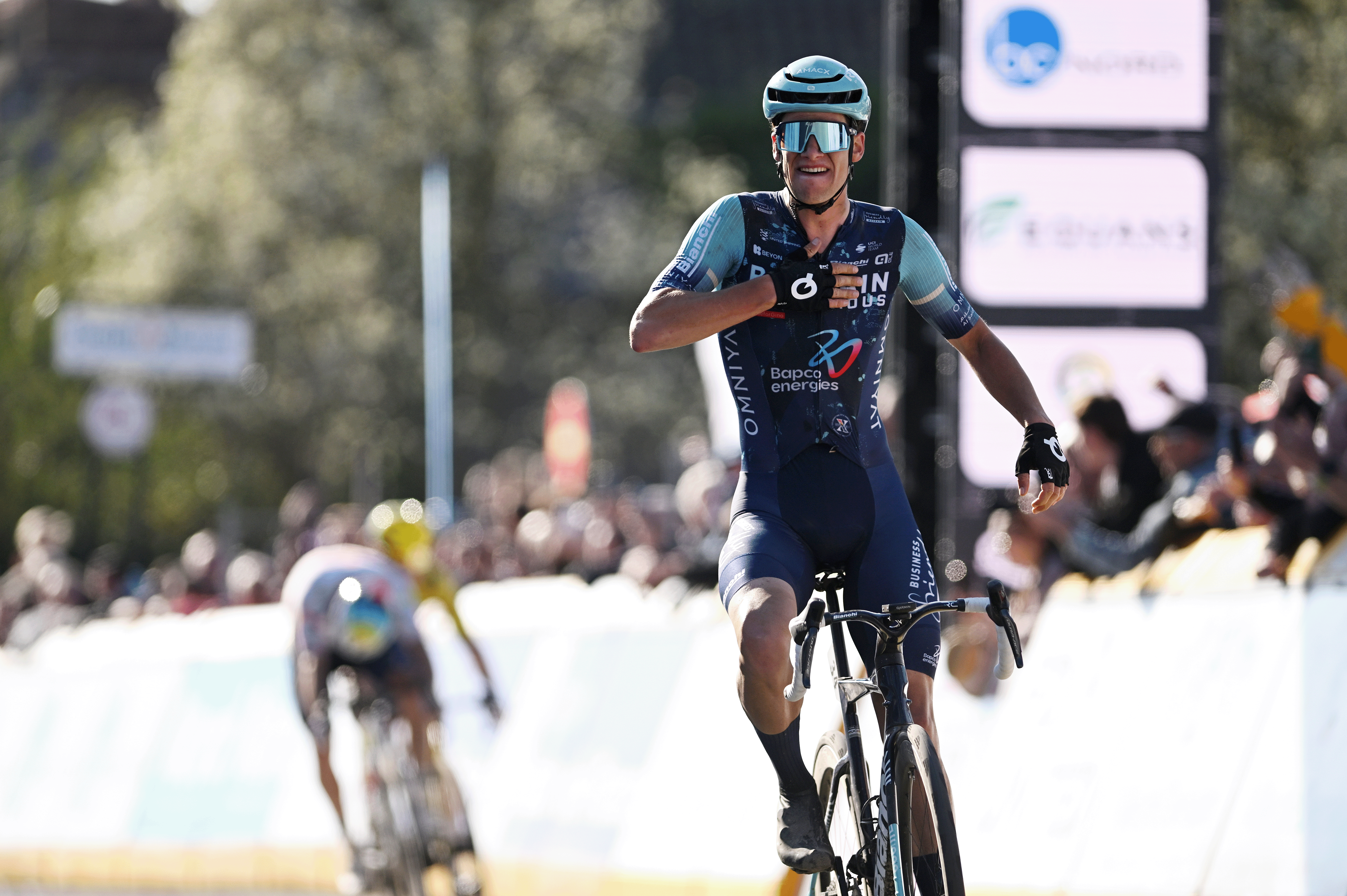 DENAIN, FRANCE - MARCH 19: Alec Segaert of Belgium and Team Bahrain - Victorious celebrates at finish line as race winner during the 67th Grand Prix de Denain - Porte du Hainaut 2026 a 200.4km one day race from Denain to Denain on March 19, 2026 in Denain, France. (Photo by Luc Claessen/Getty Images)