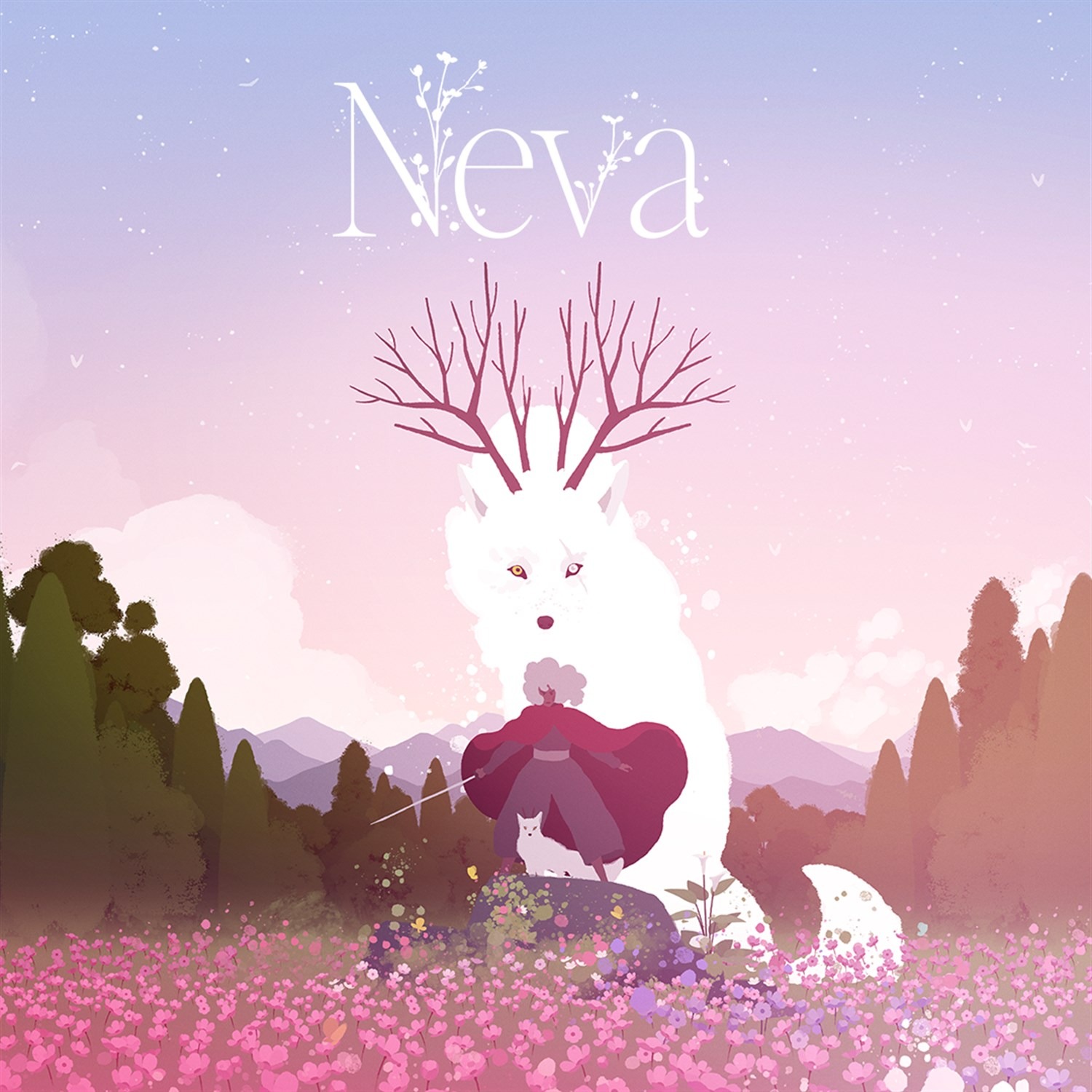 The cover art for Neva, depicting Alba, an adult wolf, and a wolf cub standing in a field of pink flowers.