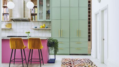 Yellow hallway with bench and storage baskets for shoes and accessories