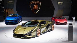 The Lamborghini Sian on display on stage at its launched event
