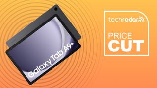 The Samsung Galaxy Tab A9 Plus on an orange background