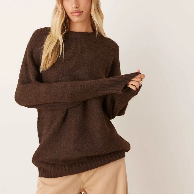 ASOS DESIGN oversized crew neck cocoon fluffy jumper in chocolate on model 