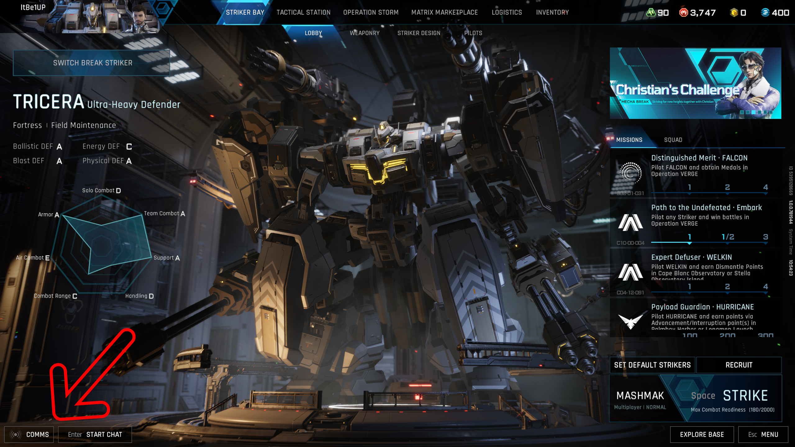 Mecha Break play with friends: The main menu, with a mech in the background hangar, and a red arrow pointing towards the Comms button in the bottom left corner.