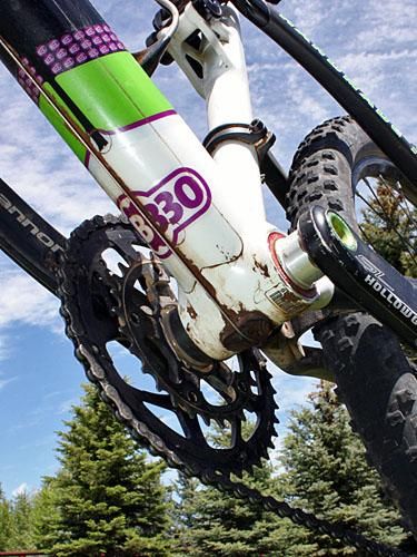 Cannondale's BB30 bottom bracket shell uses a standard 68mm width but an oversized diameter that directly houses the cartridge bearings and aluminum spindle.