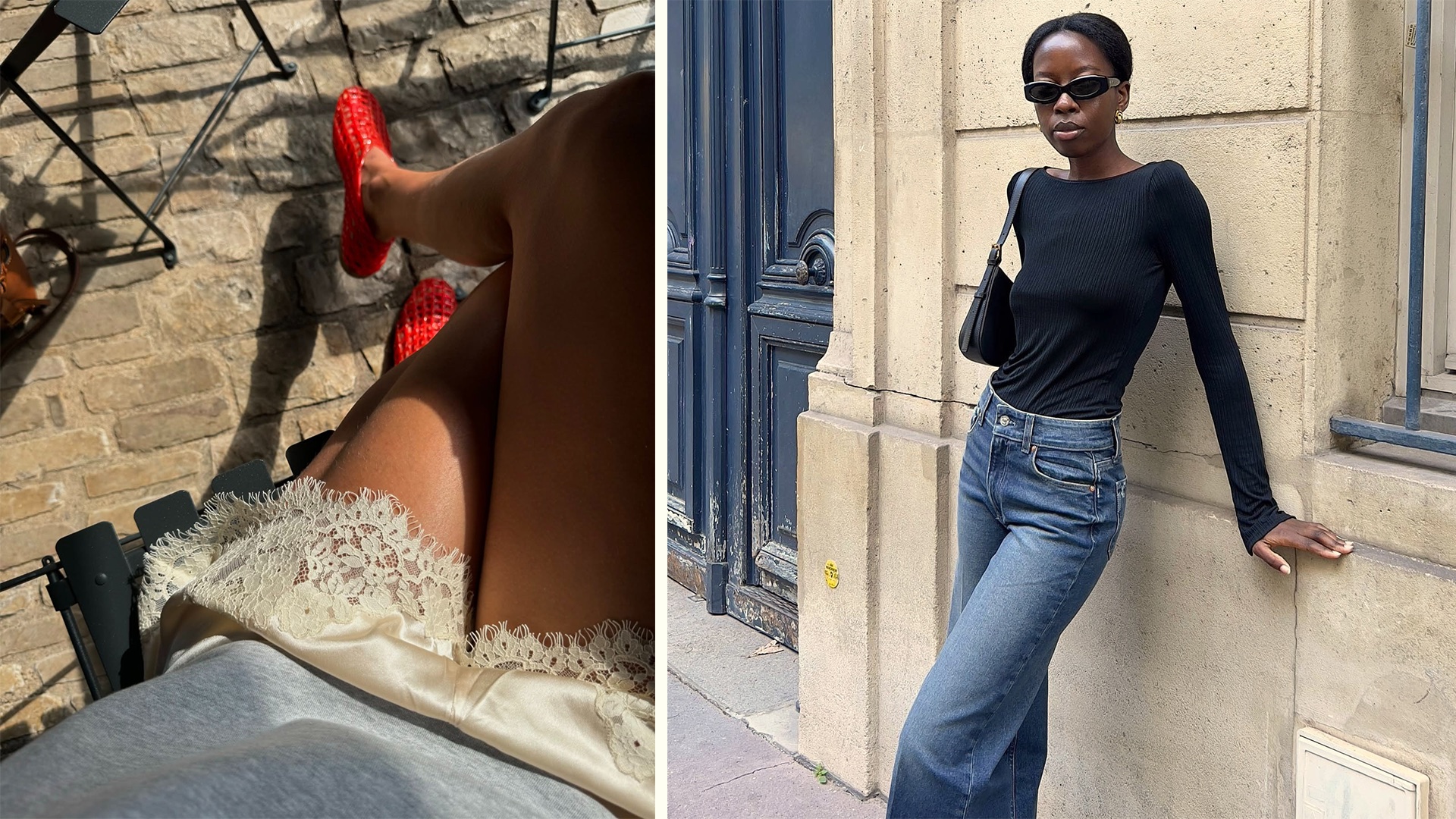 fashion collage featuring Laura Vidrequin Roso wearing Doen lace hem silk shorts and The Row red jelly flats and Sylvie Mus wearing black oval sunglasses, a black boatneck top and jeans