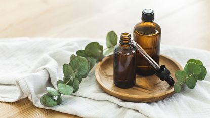 Set of amber glass bottles for essential oils on wooden plate near muslin textile and eucalyptus. Vials with pipette for essential oils