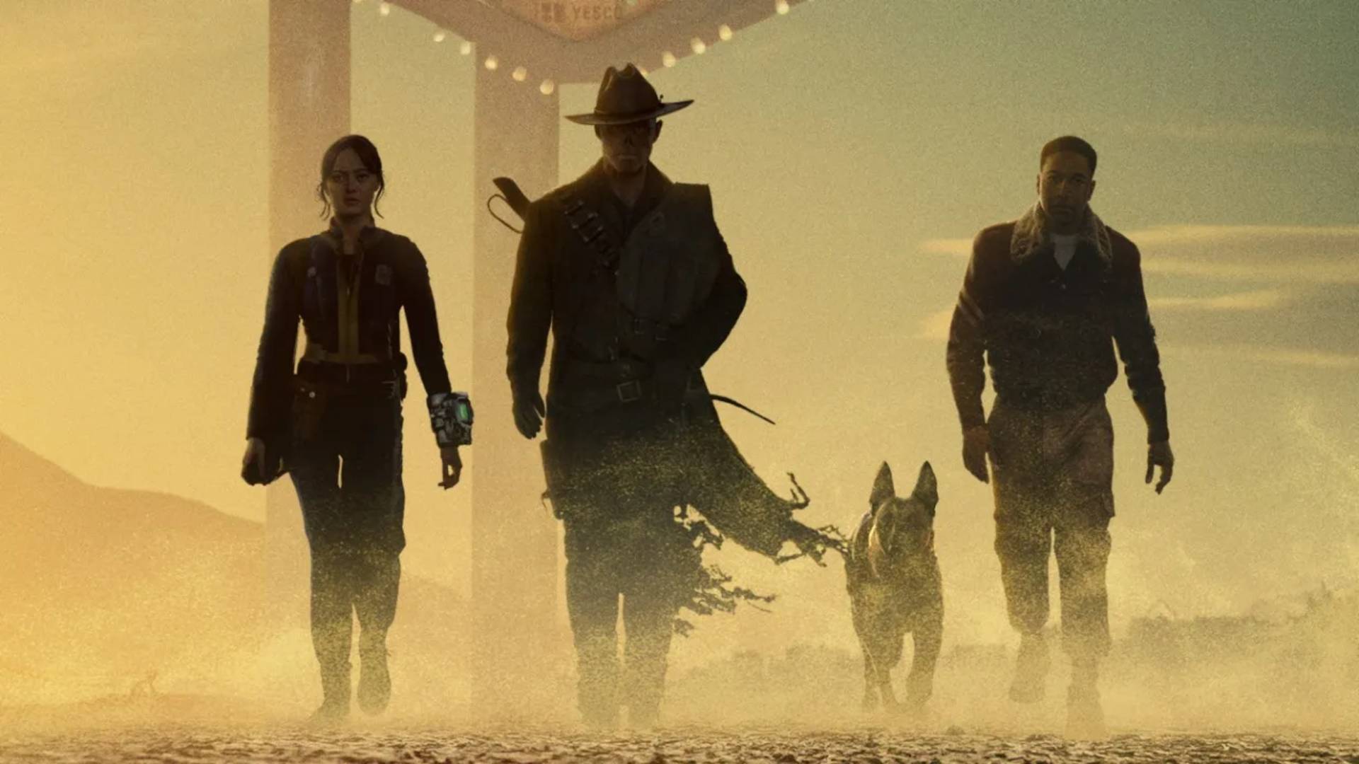 Lucy, the Ghoul, CX404, and Maximus walking toward New Vegas in Fallout season 2