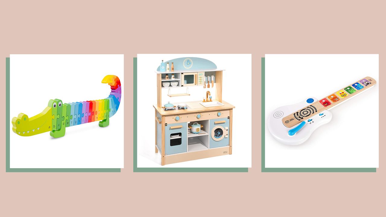 three of w&amp;h&#039;s picks for Christmas gifts for kids—a crocodile alphabet puzzle, a play kitchen and a toy guitar—one a beige background