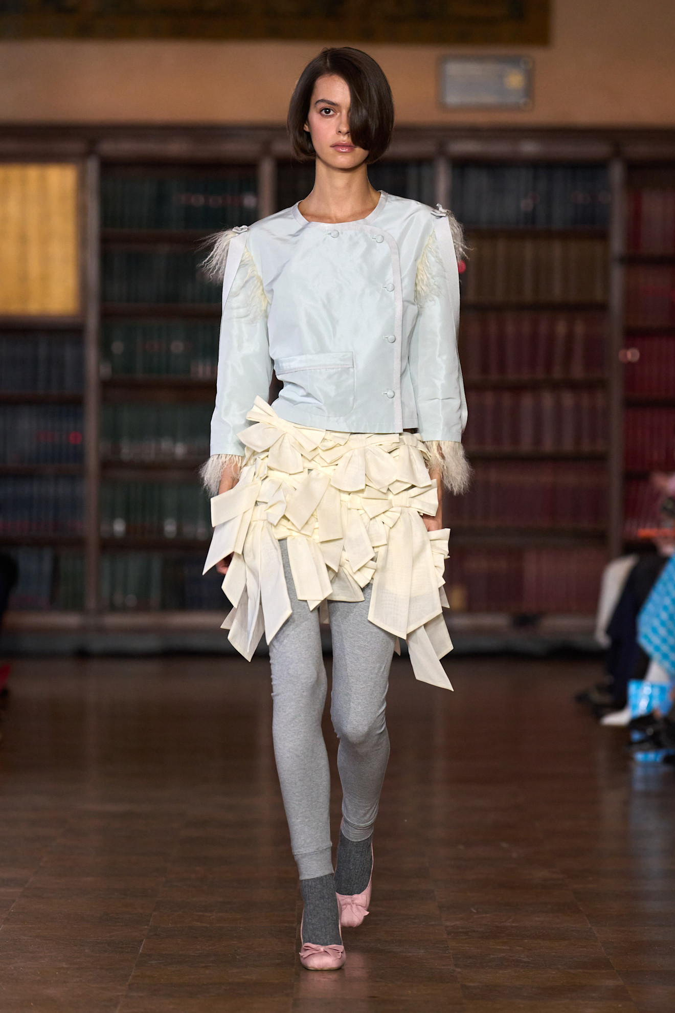 models walk the Sandy Liang Fall 2026 fashion show runway wearing slipper shoes 