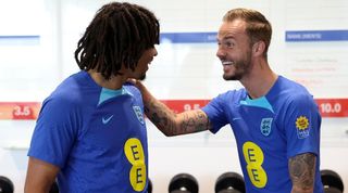 Trent Alexander-Arnold and James Maddison during training with England in June 2023.