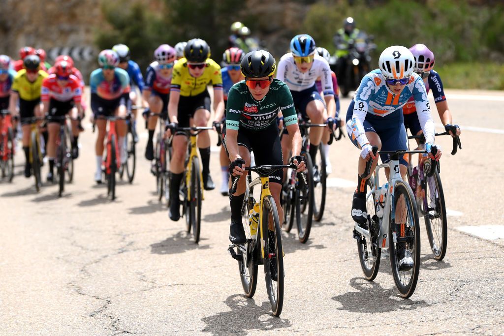 ZARAGOZA SPAIN MAY 01 LR Marianne Vos of The Netherlands and Team Visma Lease a Bike Green points jersey and Juliette Labous of France and Team dsmfirmenich PostNL compete in the breakaway during the 10th La Vuelta Femenina 2024 Stage 4 a 1423km stage from Molina de Aragon to Zaragoza UCIWWT on May 01 2024 in Zaragoza Spain Photo by Alex BroadwayGetty Images