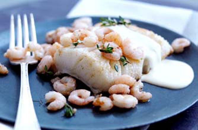 Halibut and prawns in Parmesan sauce