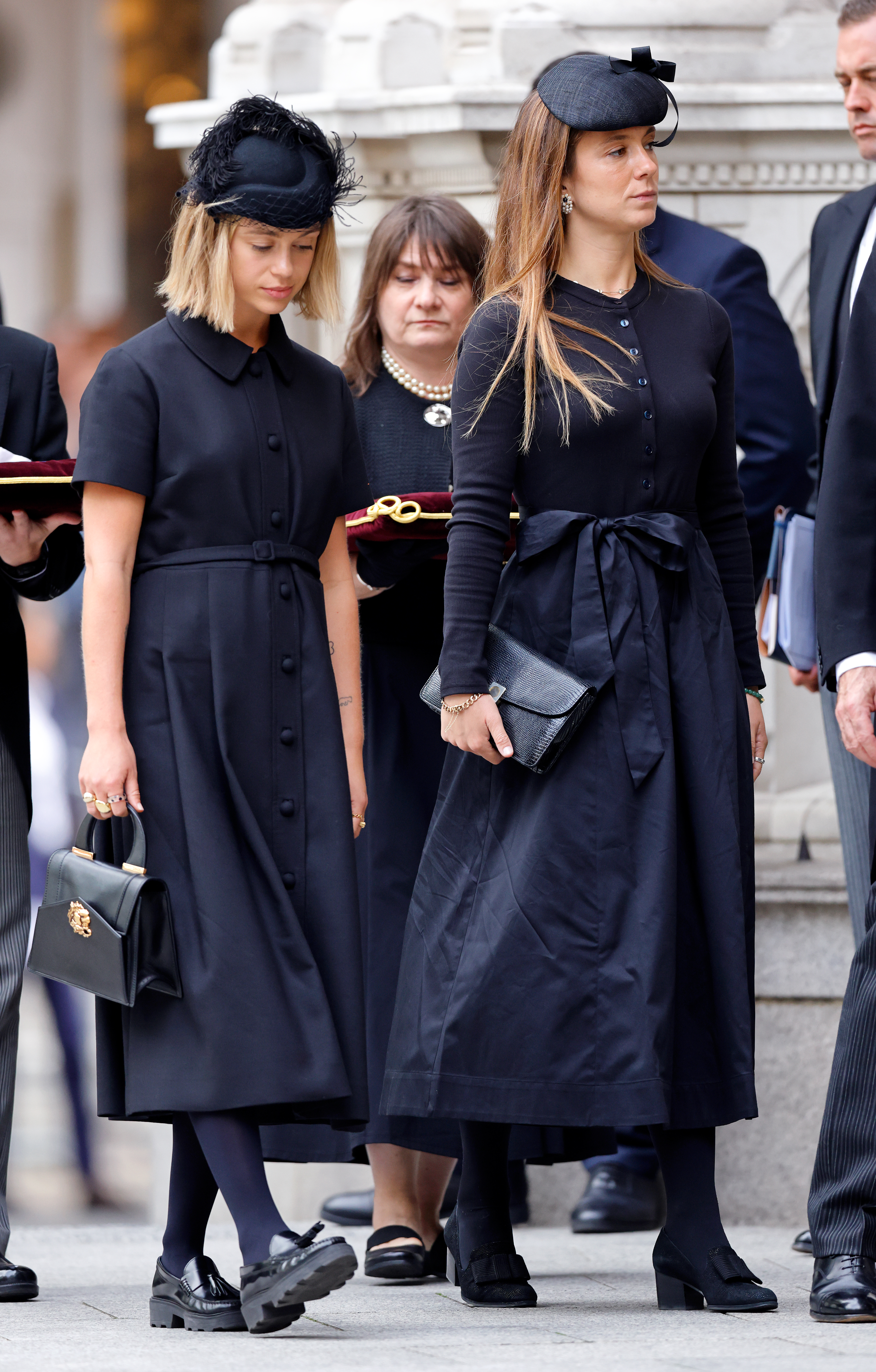 Amelia and Marina Windsor wearing black outfits and hats at the Duchess of Kent&#039;s funeral