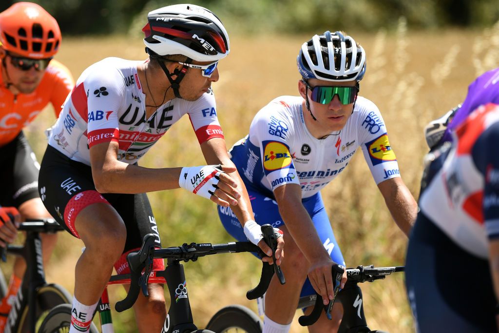 VILLADIEGO SPAIN JULY 29 Fabio Aru of Italy and UAE Team Emirates Remco Evenepoel of Belgium and Team Deceuninck QuickStep during the 42nd Vuelta a Burgos 2020 Stage 2 a 168km stage from Castrojeriz to Villadiego VueltaBurgos on July 29 2020 in Villadiego Spain Photo by David RamosGetty Images