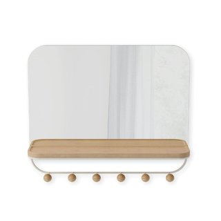 A rectangular mirror with a wooden shelf and hooks