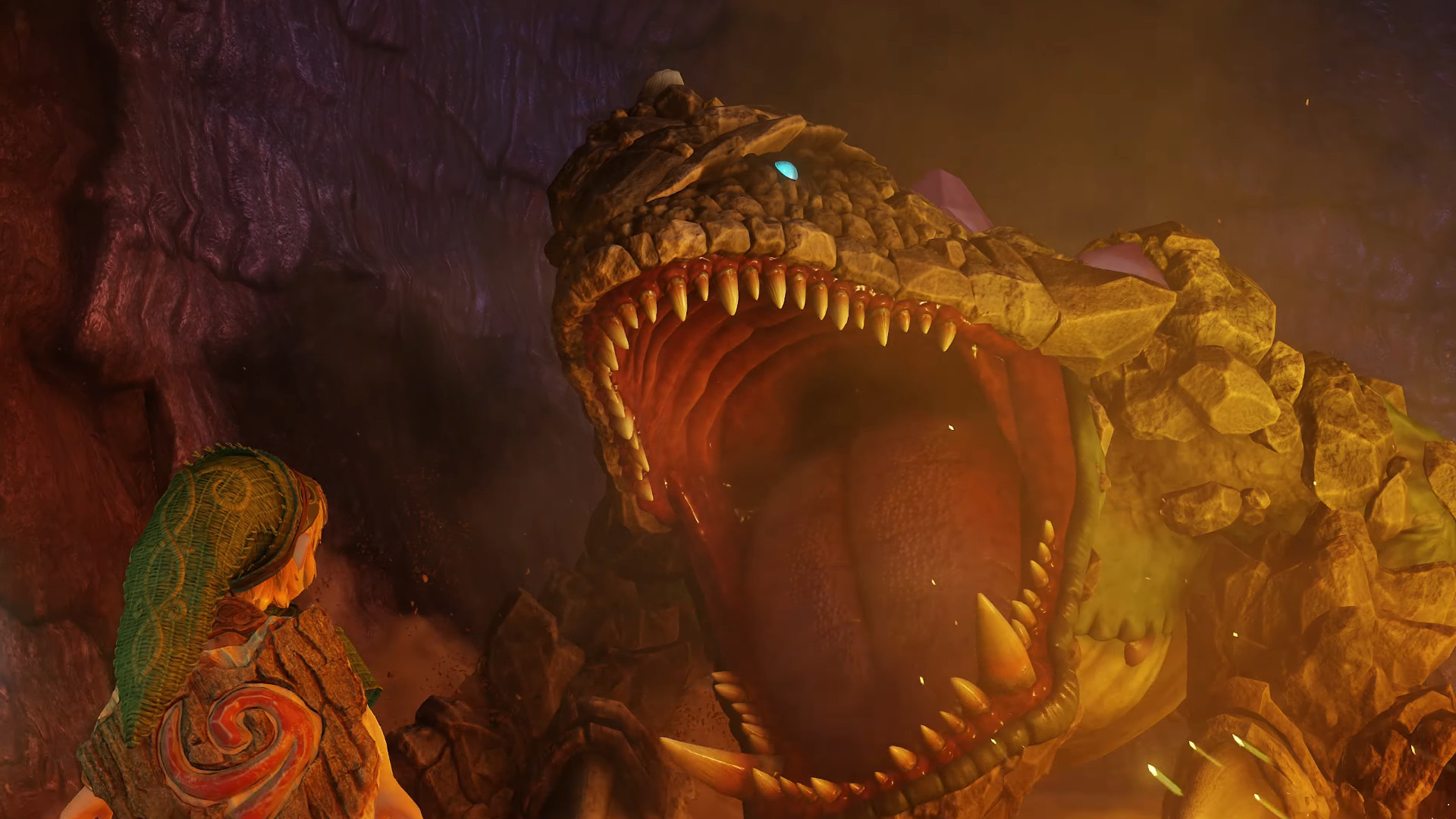 King Dodongo roars at link in The Legend of Zelda: Ocarina of Time remake