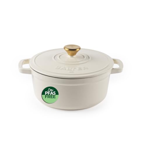 Salter Chester 24cm Cast Iron Casserole Pot &amp;ndash; Self-Basting Lid, Dutch Oven/stock Pot, Enamel Coated Cast Iron, Oven Safe, Suitable for All Hob Types Including Induction, 3.4l Cap., Pfas-Free, Cream
